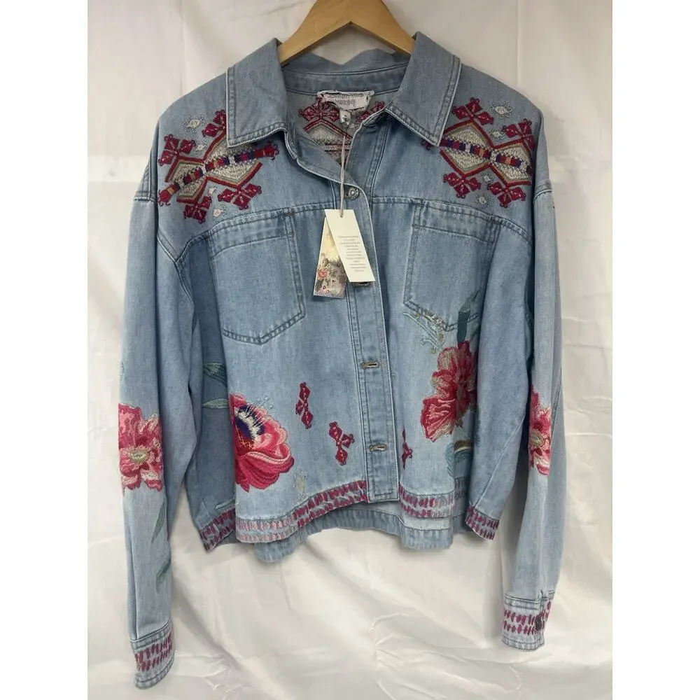 NWT Johnny Was Biya Workshop JWLA Embroidered Denim Jean Jacket Talulla XL